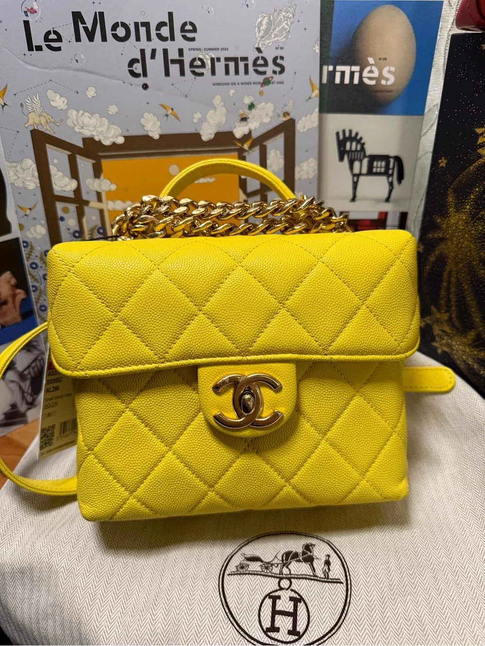 CHANEL Yellow Quilted Mini Top-Handle Bag with Gold Chain